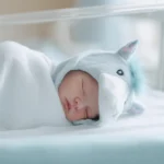 Noworodek śpiący w szpitalnym łóżeczku w czapeczce jednorożca – spokojny sen po porodzie